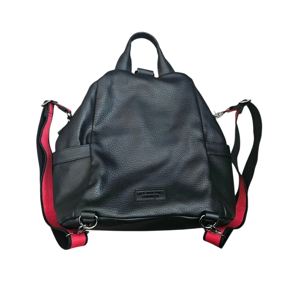 Like Dreams Black‎ Sideways Zip Backpack Vegan Leather Red Straps